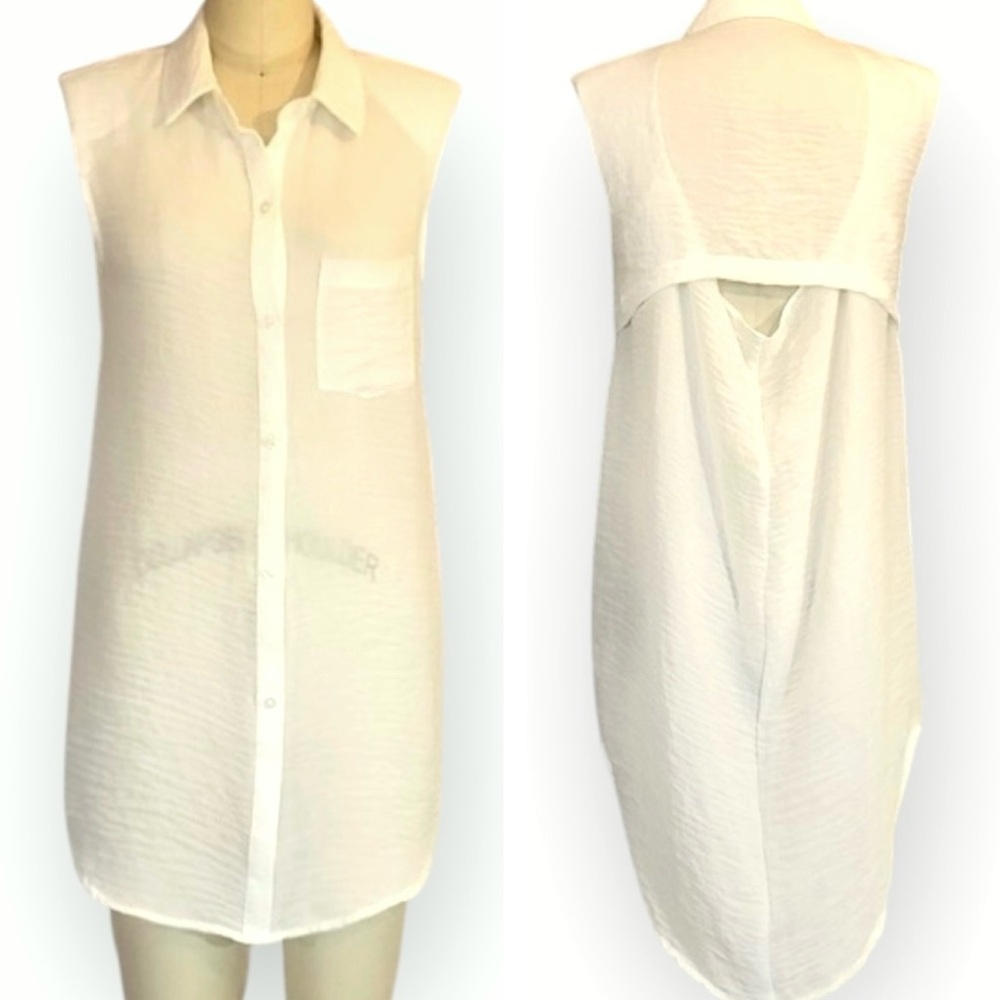 White Sheer Sleeveless Shirt Dress Duster Cover Up Small – Draped Back - Picture 3 of 9